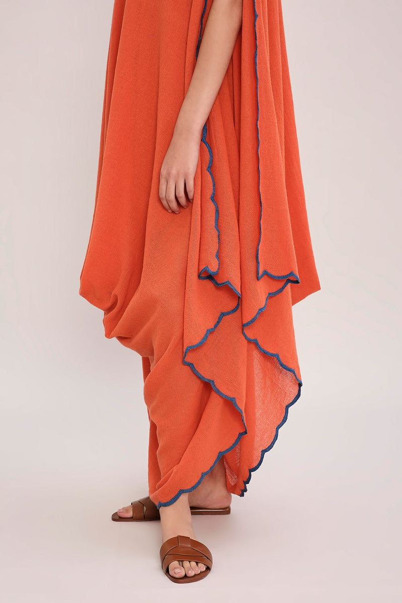 Rust Ribbed Scallop Cowl Dress cotton by Mati in rust color for women in Singapore