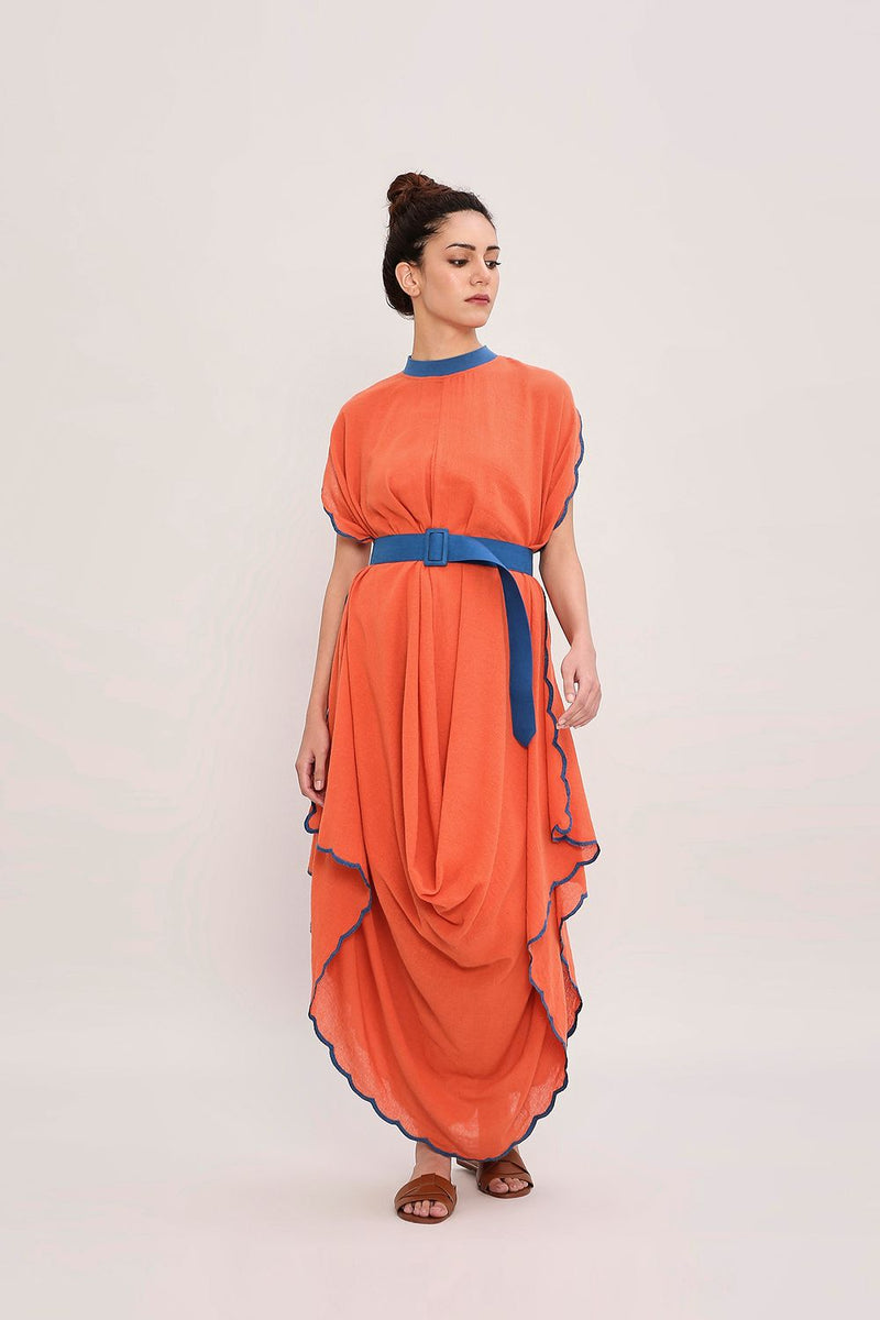 Rust Ribbed Scallop Cowl Dress cotton by Mati in rust color for women in Singapore