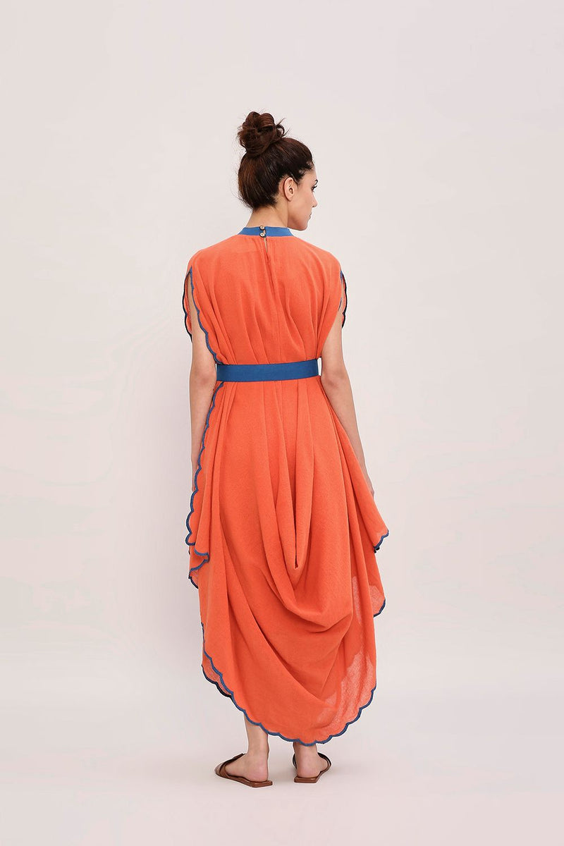 Rust Ribbed Scallop Cowl Dress cotton by Mati in rust color for women in Singapore