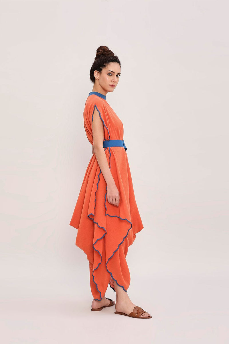Rust Ribbed Scallop Cowl Dress cotton by Mati in rust color for women in Singapore
