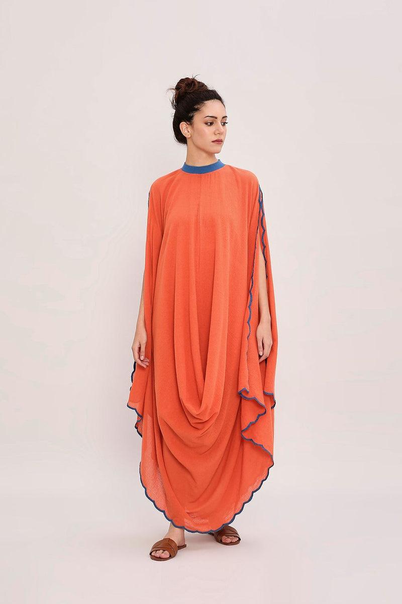 Rust Ribbed Scallop Cowl Dress cotton by Mati in rust color for women in Singapore