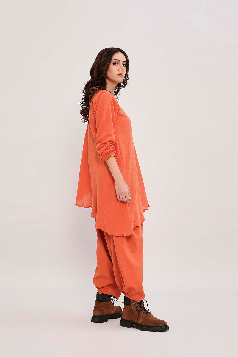 Rust Ribbed Scallop Tunic Set (2 PCS) cotton by Mati in rust color for women in Singapore