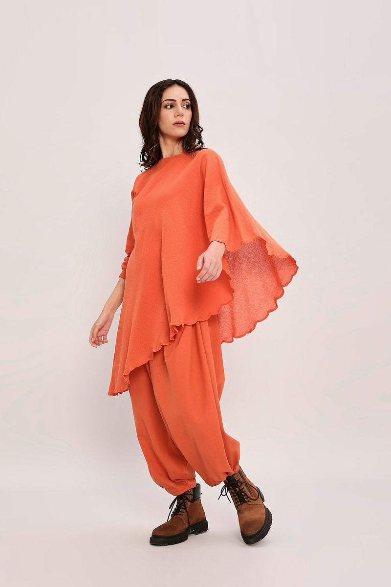 Rust Ribbed Scallop Tunic Set (2 PCS) cotton by Mati in rust color for women in Singapore