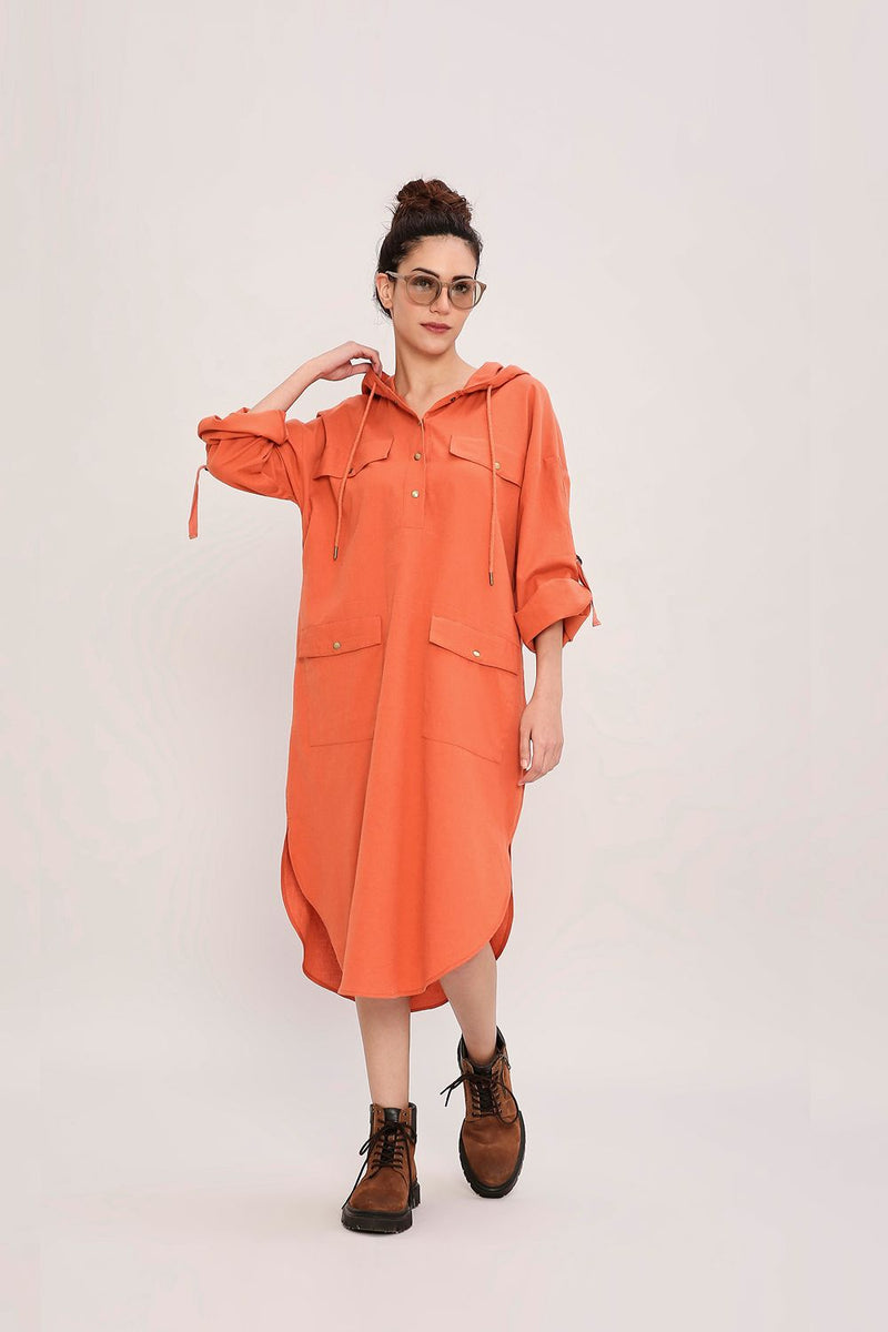 Rust Safari Pocket Hooded Dress cotton by Mati in rust color for women in Singapore