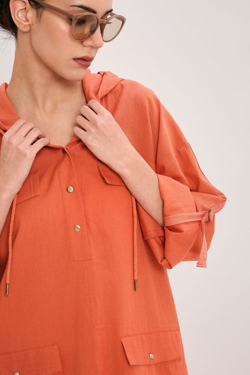 Rust Safari Pocket Hooded Dress cotton by Mati in rust color for women in Singapore