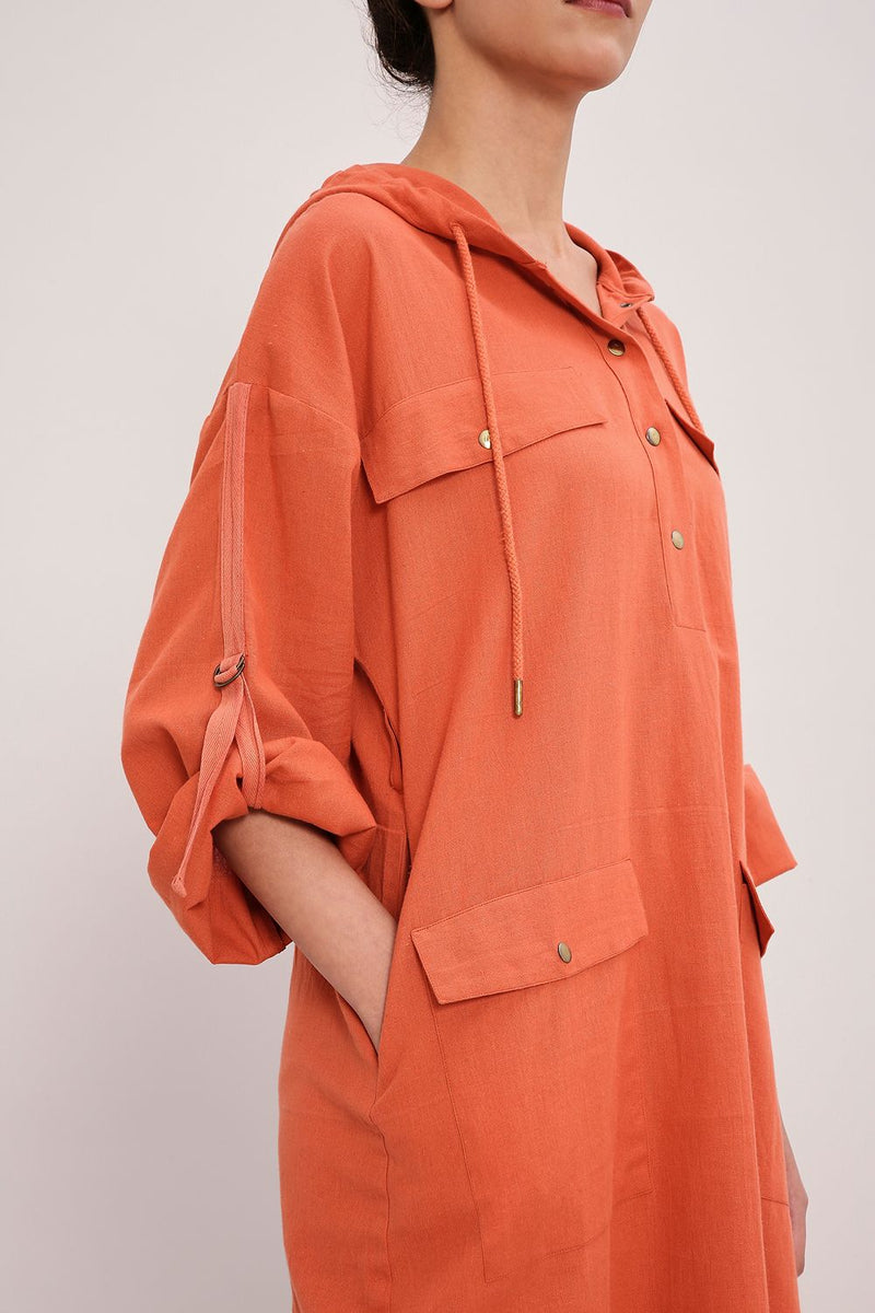 Rust Safari Pocket Hooded Dress cotton by Mati in rust color for women in Singapore