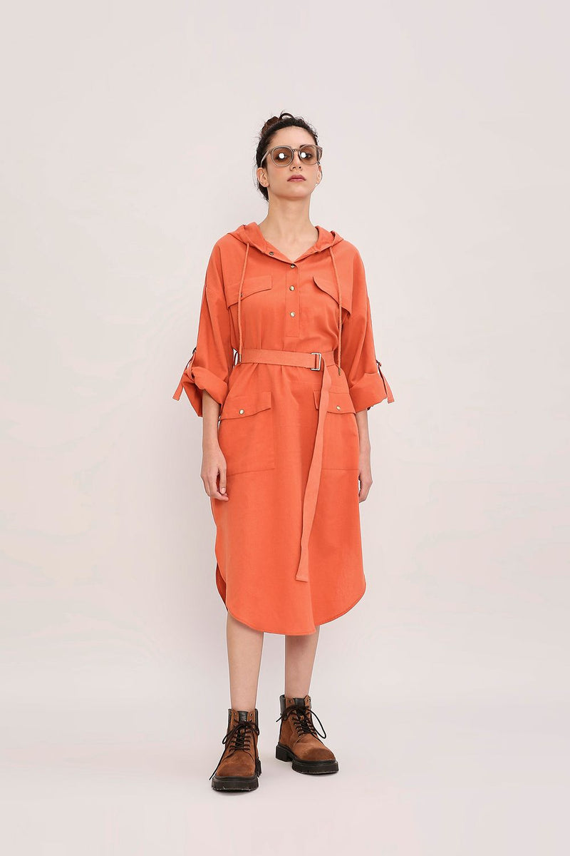 Rust Safari Pocket Hooded Dress cotton by Mati in rust color for women in Singapore