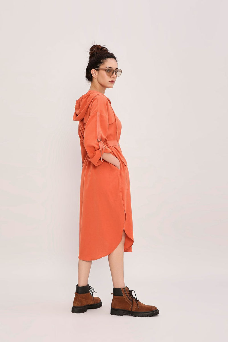 Rust Safari Pocket Hooded Dress cotton by Mati in rust color for women in Singapore