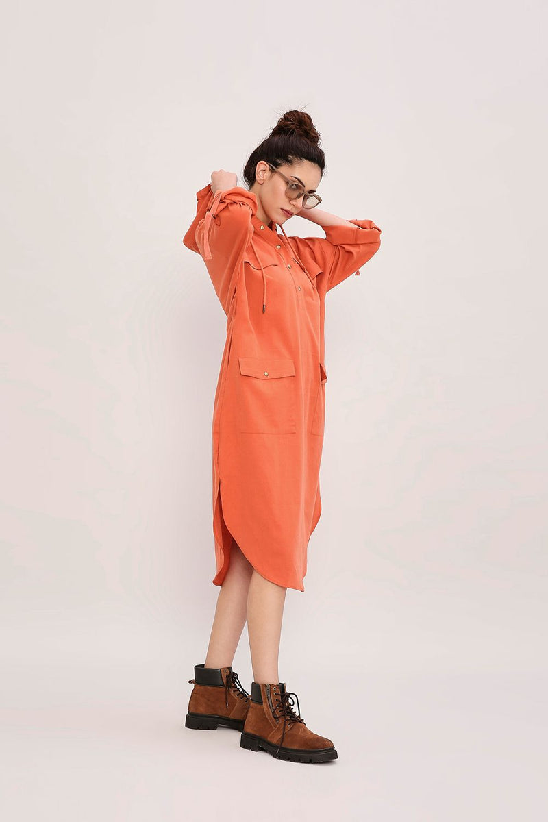 Rust Safari Pocket Hooded Dress cotton by Mati in rust color for women in Singapore
