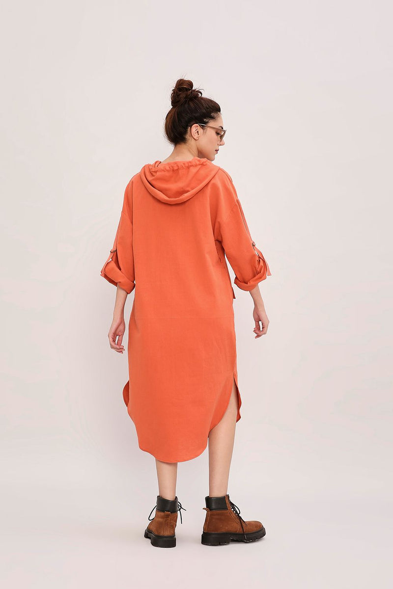 Rust Safari Pocket Hooded Dress cotton by Mati in rust color for women in Singapore