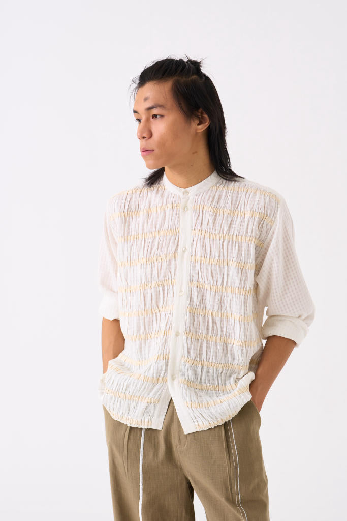 SMOCKING DETAIL SHIRT - WHITE by THREE Men for men in Singapore