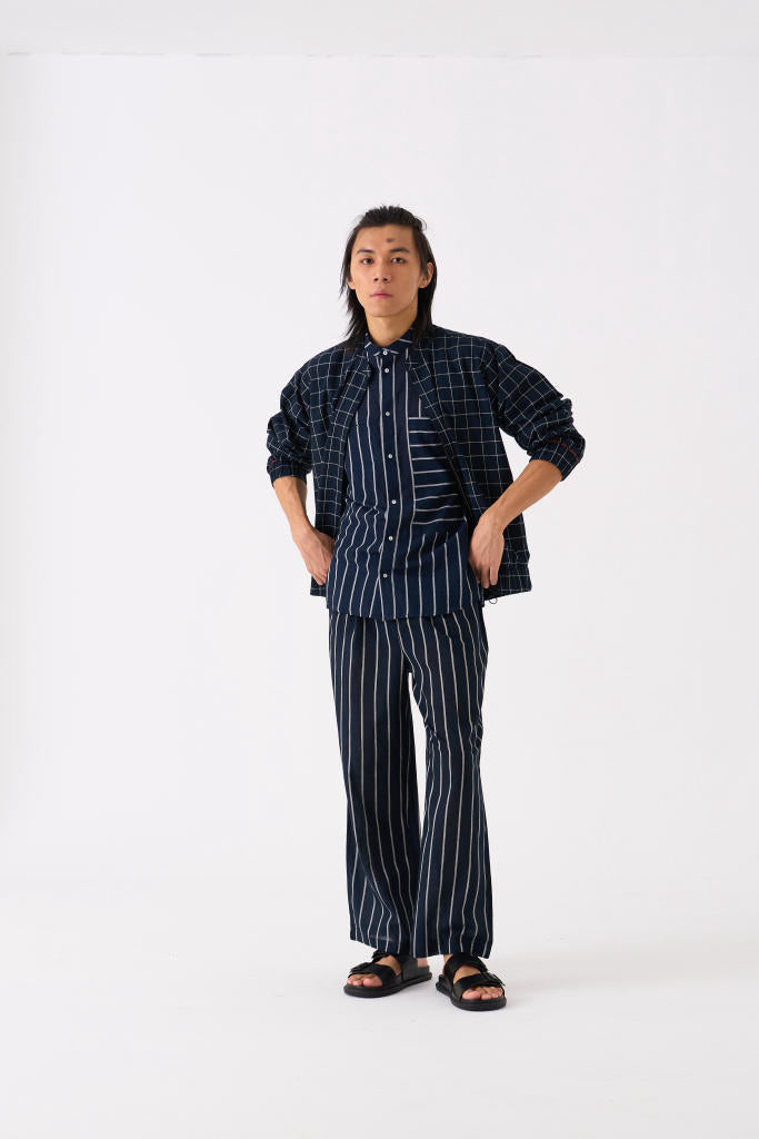 BAND COLLAR SHIRT - BLACK STRIPE by THREE Men for men in Singapore