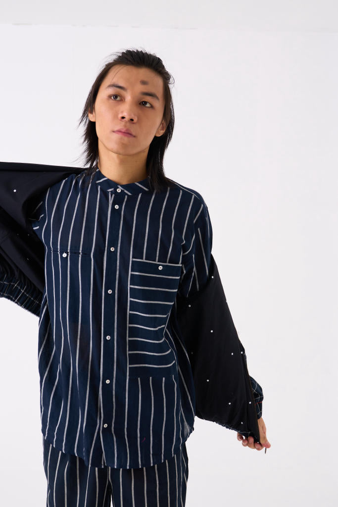 BAND COLLAR SHIRT - BLACK STRIPE by THREE Men for men in Singapore