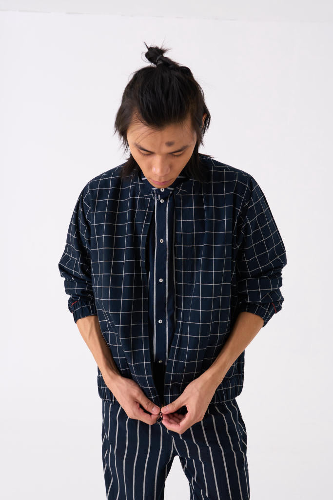 BAND COLLAR SHIRT - BLACK STRIPE by THREE Men for men in Singapore
