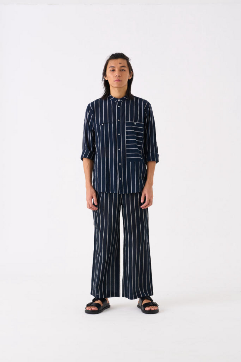 BAND COLLAR SHIRT CO-ORD - BLACK STRIPE by THREE Men for men in Singapore