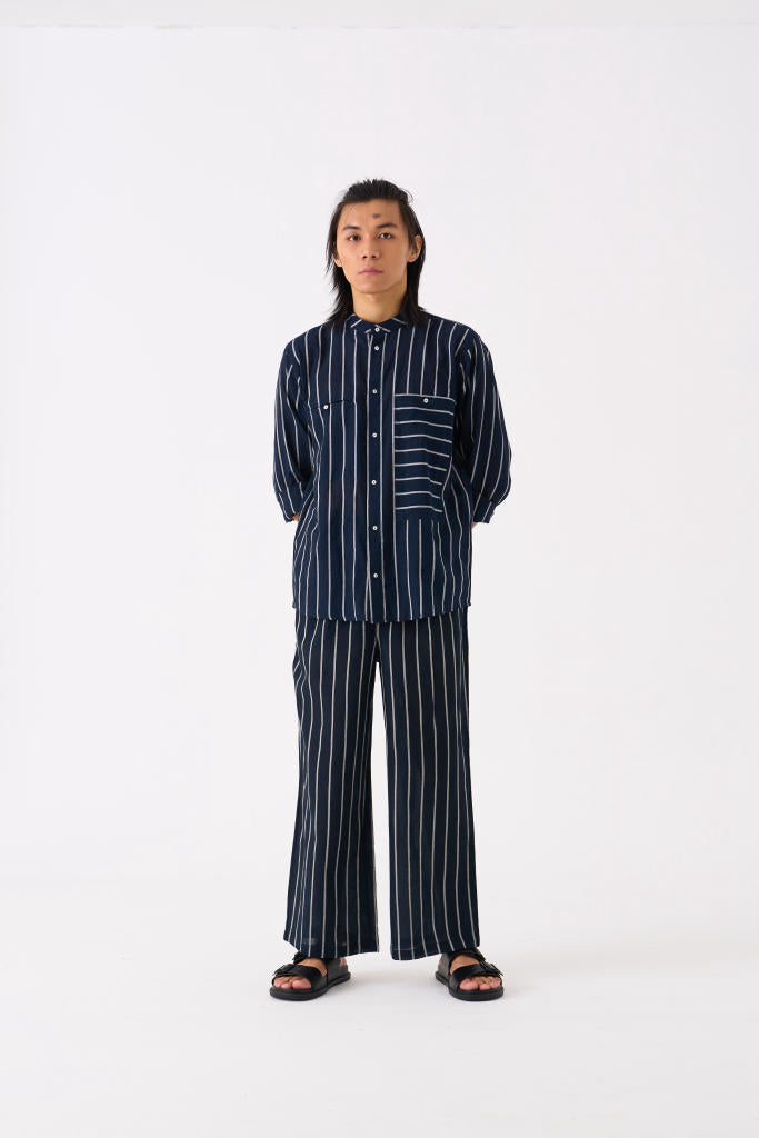 BAND COLLAR SHIRT CO-ORD - BLACK STRIPE by THREE Men for men in Singapore