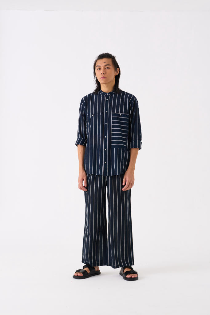 BAND COLLAR SHIRT CO-ORD - BLACK STRIPE by THREE Men for men in Singapore