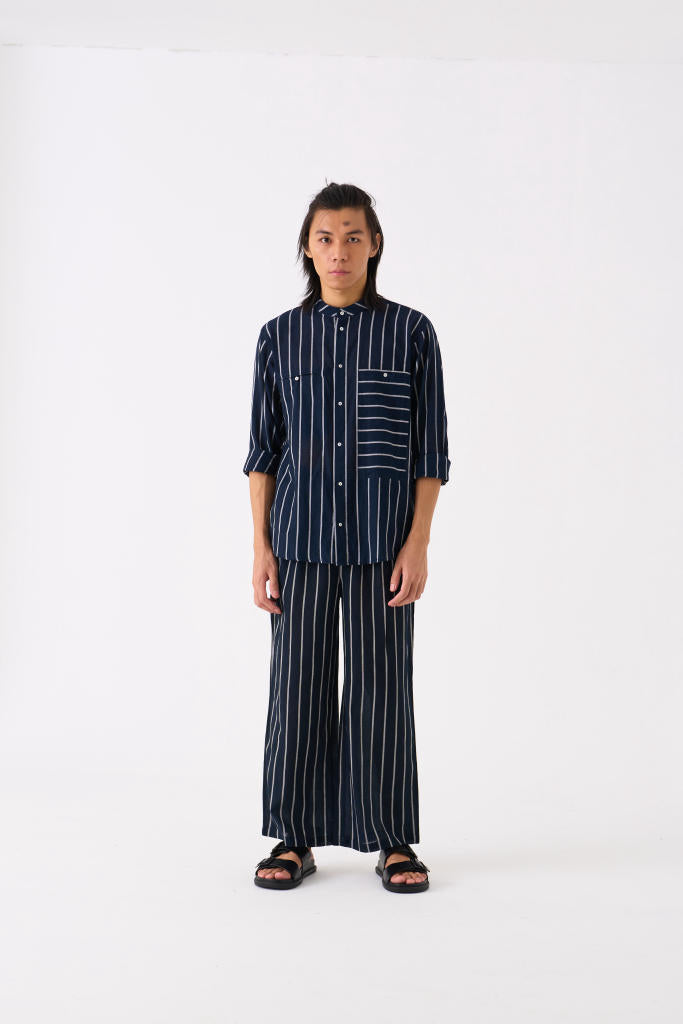BAND COLLAR SHIRT CO-ORD - BLACK STRIPE by THREE Men for men in Singapore