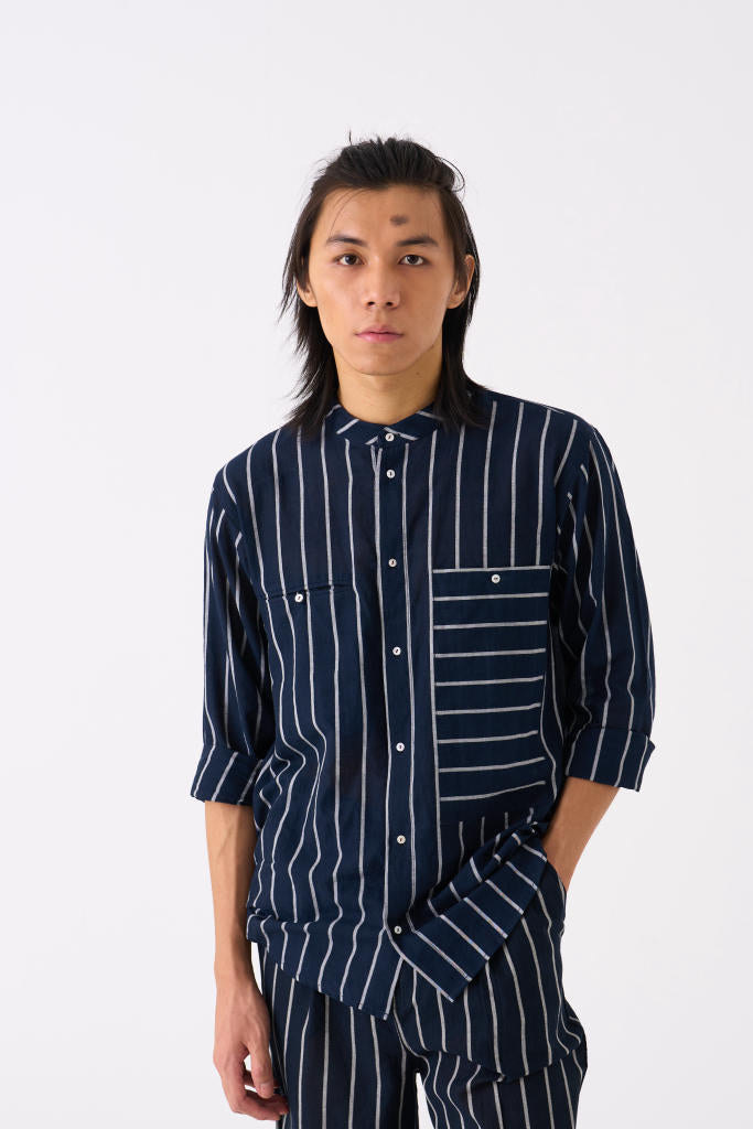 BAND COLLAR SHIRT CO-ORD - BLACK STRIPE by THREE Men for men in Singapore