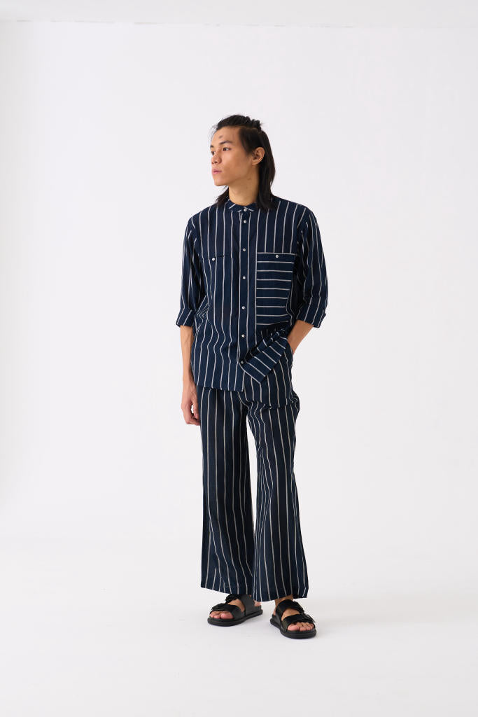 BAND COLLAR SHIRT CO-ORD - BLACK STRIPE by THREE Men for men in Singapore