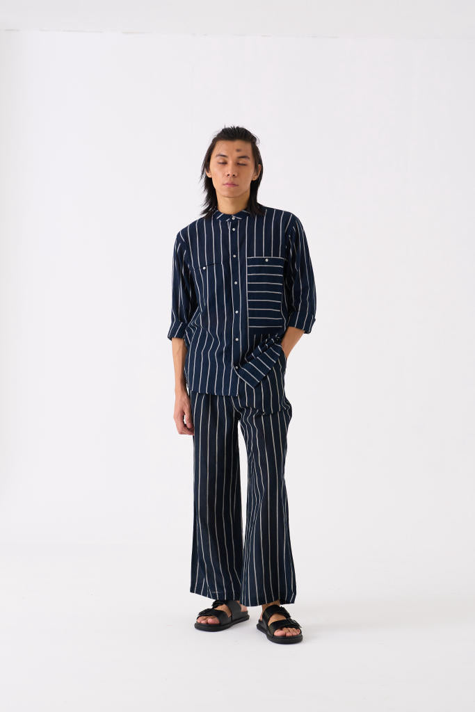 BAND COLLAR SHIRT CO-ORD - BLACK STRIPE by THREE Men for men in Singapore