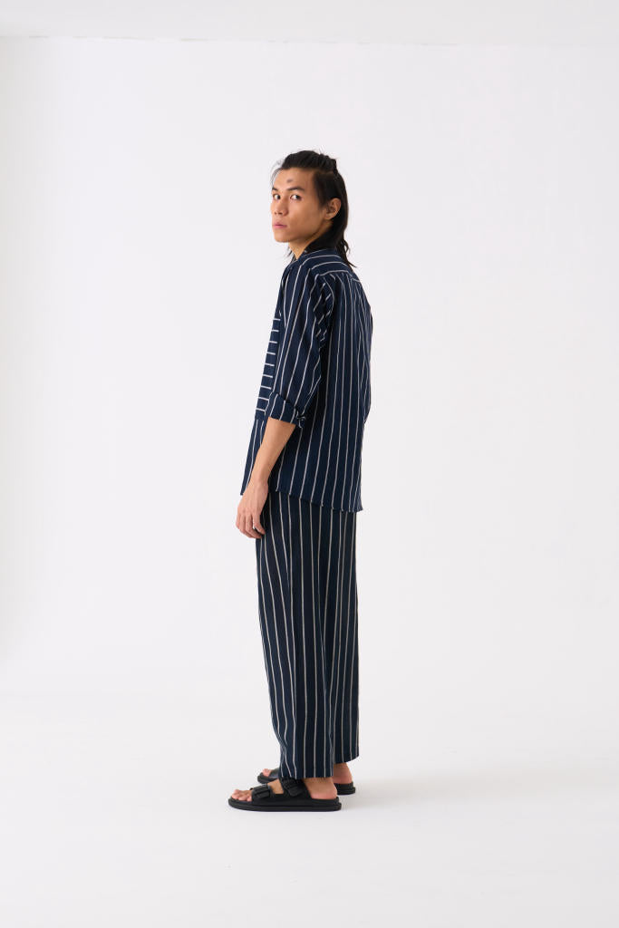 BAND COLLAR SHIRT CO-ORD - BLACK STRIPE by THREE Men for men in Singapore