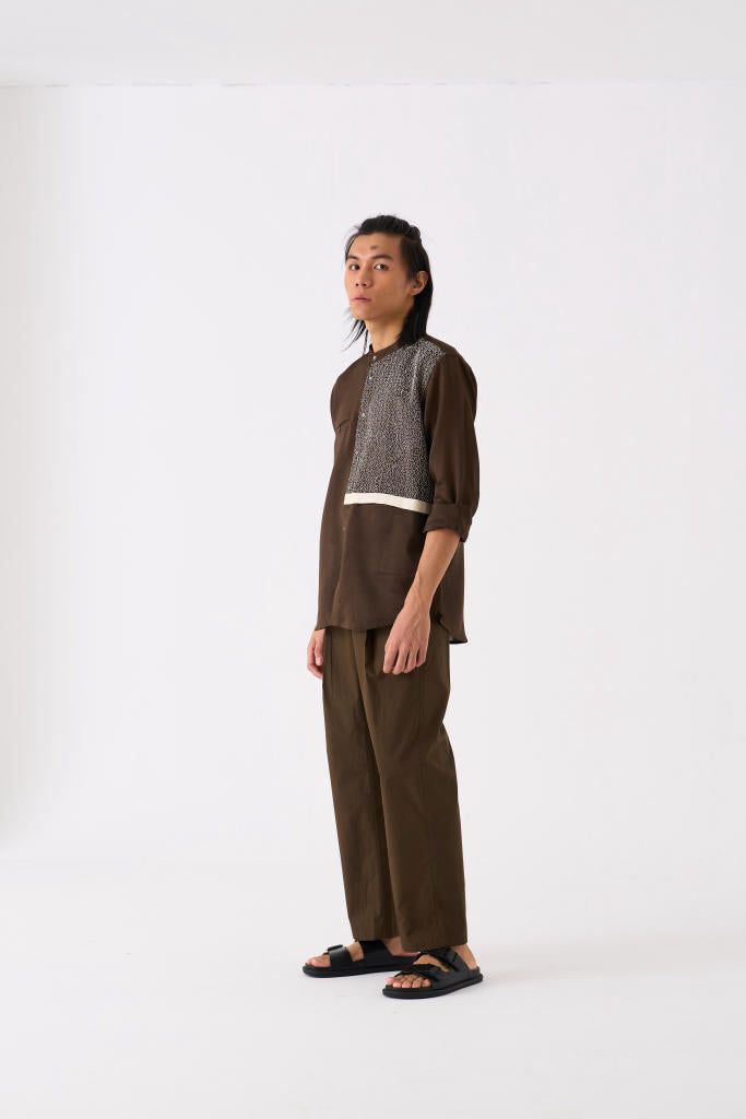 PANELLED EMBROIDERED DETAIL SHIRT - HUNTER GREEN by THREE Men for men in Singapore