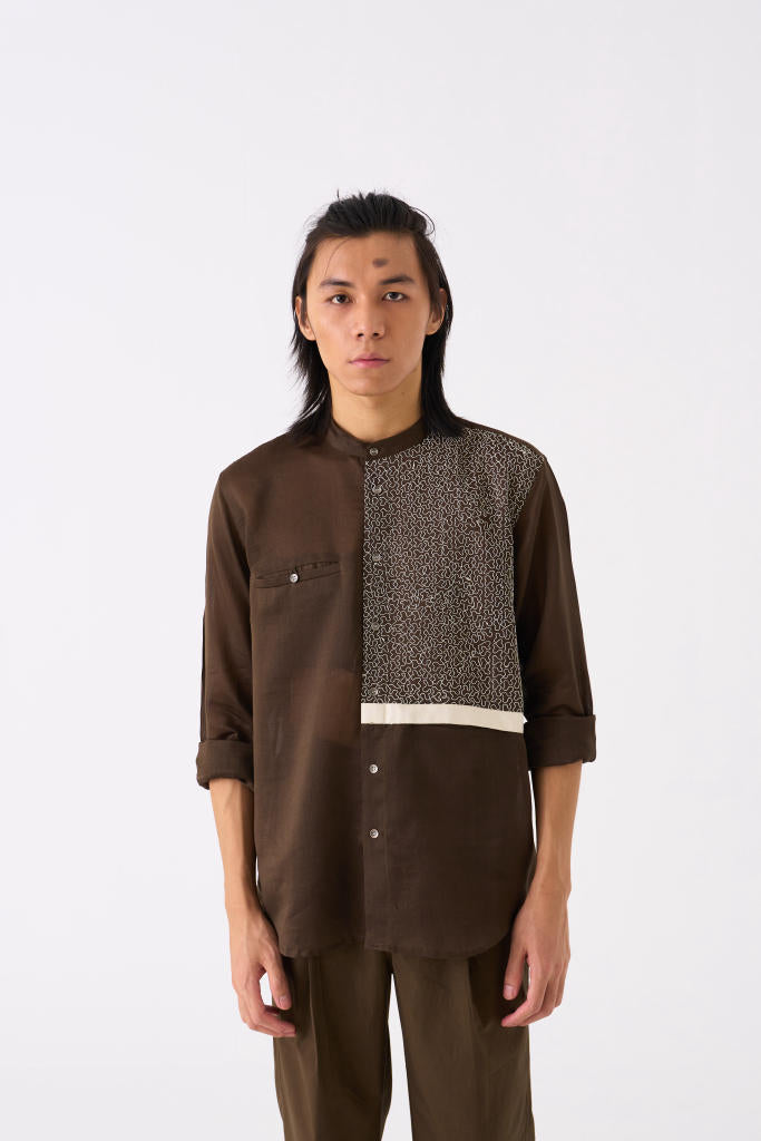 PANELLED EMBROIDERED DETAIL SHIRT - HUNTER GREEN by THREE Men for men in Singapore