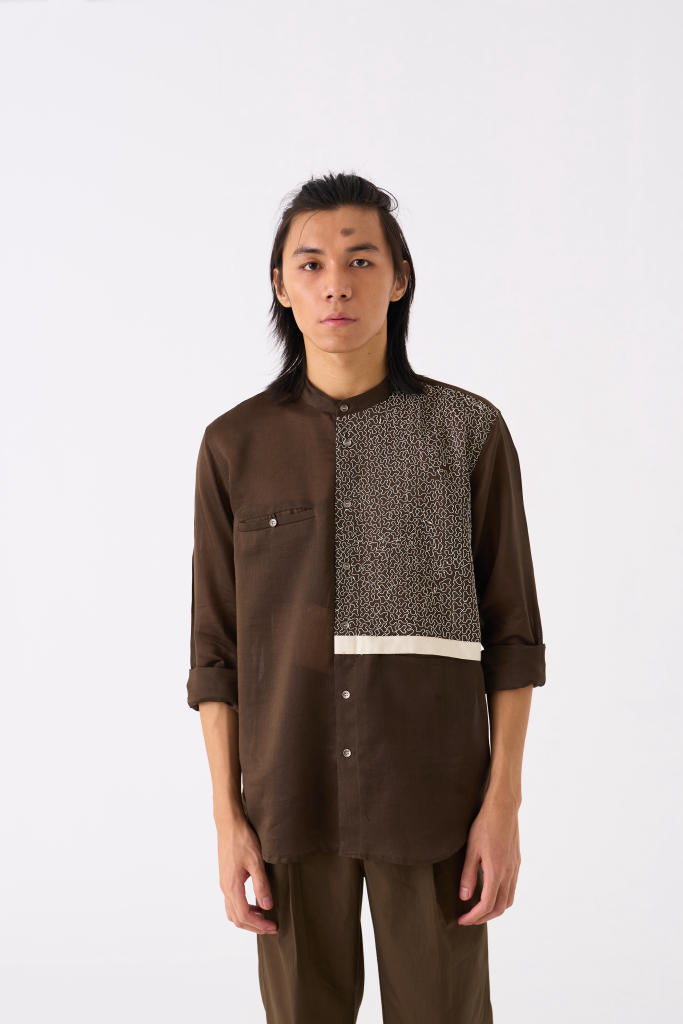PANELLED EMBROIDERED DETAIL SHIRT - HUNTER GREEN by THREE Men for men in Singapore