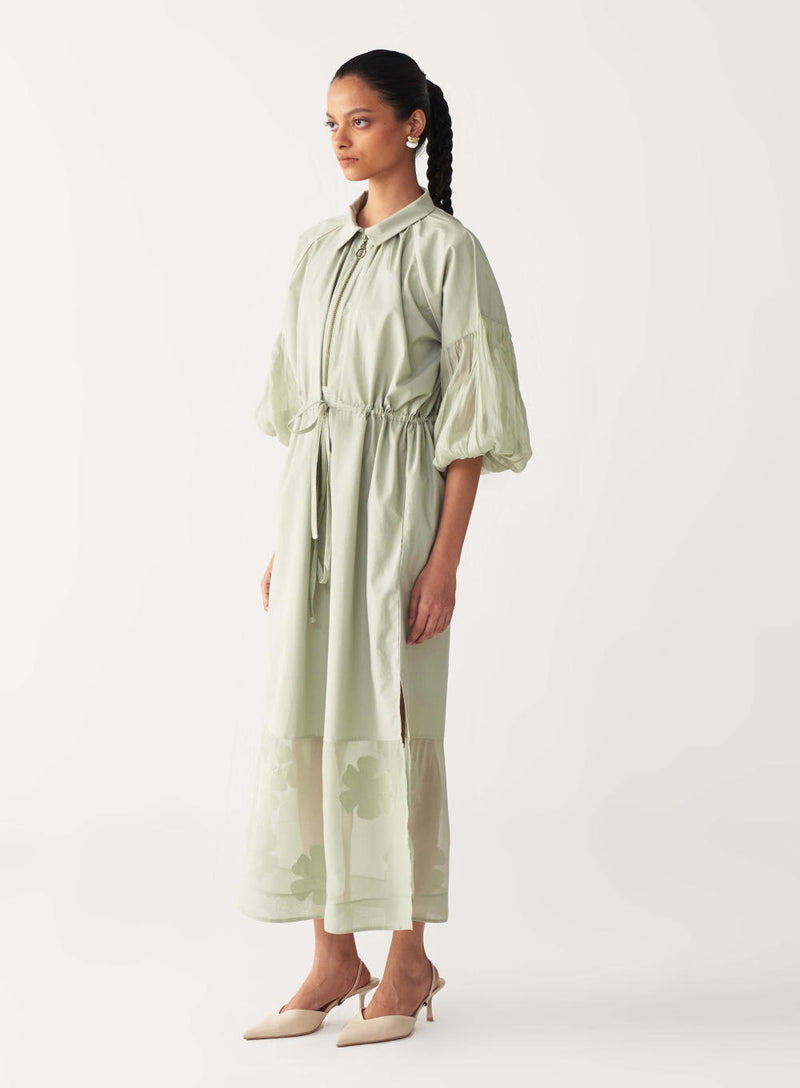 DRAWSTRING PANEL DRESS-MINT poplin by THREE in mint color for women in Singapore