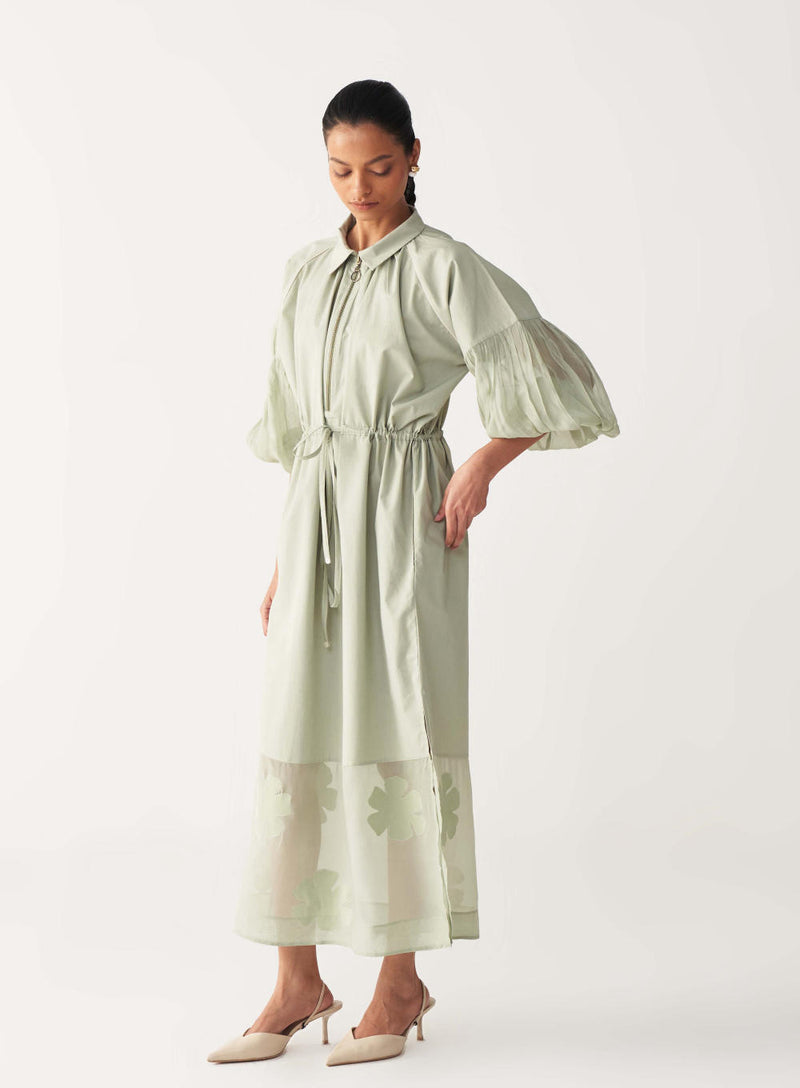 DRAWSTRING PANEL DRESS-MINT poplin by THREE in mint color for women in Singapore