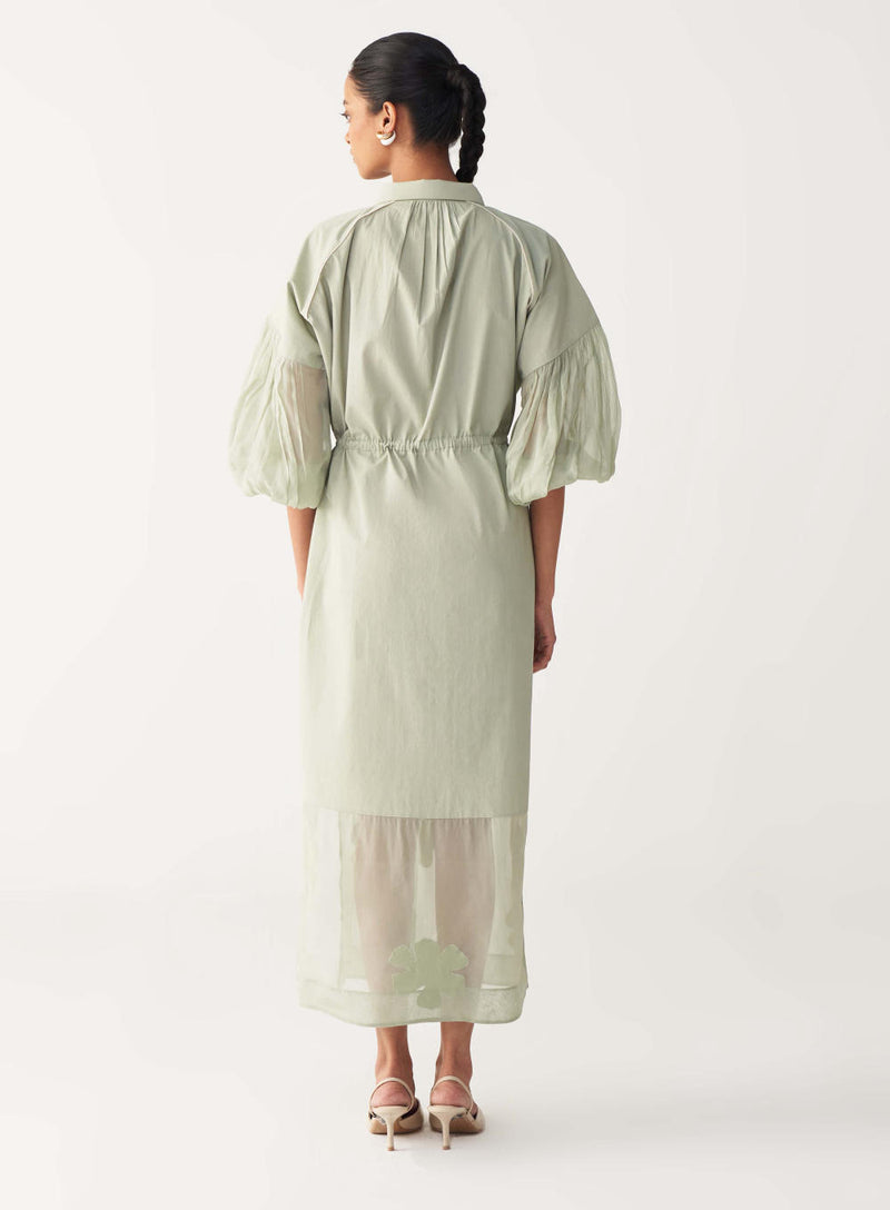 DRAWSTRING PANEL DRESS-MINT poplin by THREE in mint color for women in Singapore