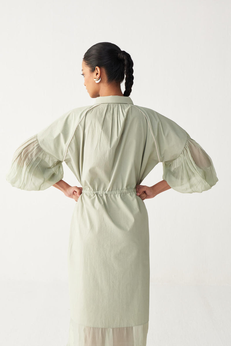 DRAWSTRING PANEL DRESS-MINT poplin by THREE in mint color for women in Singapore