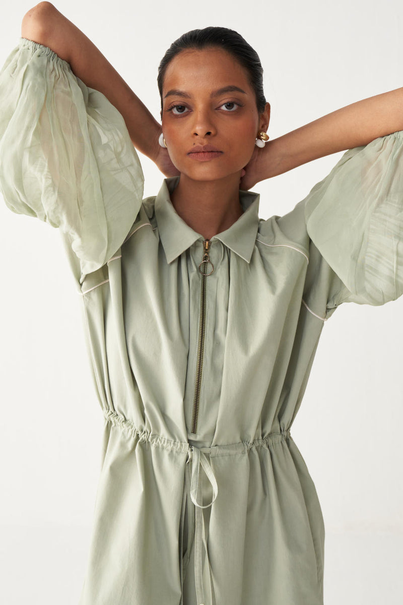 DRAWSTRING PANEL DRESS-MINT poplin by THREE in mint color for women in Singapore