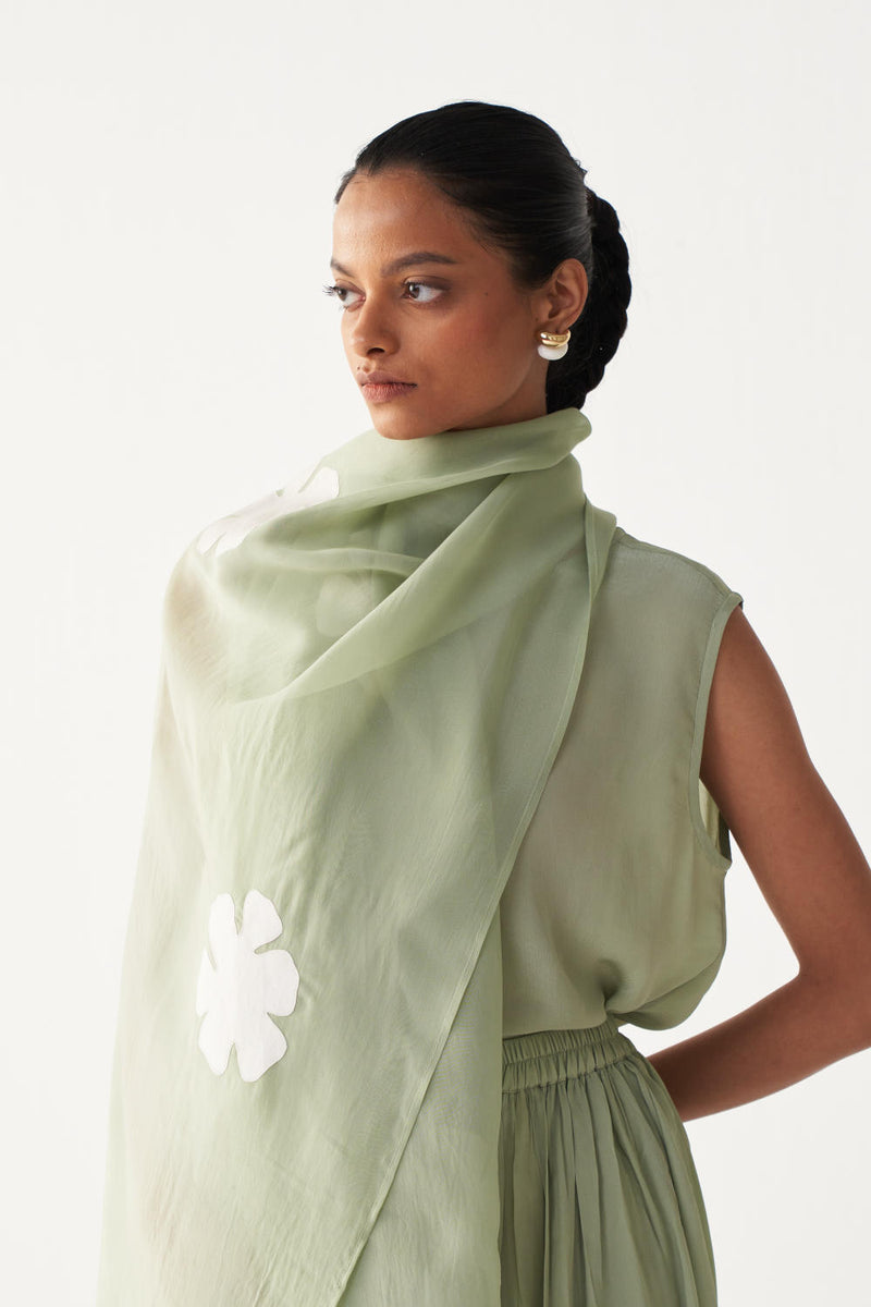 FLORAL APPLIQUE SCARF-MINT organza by THREE in mint color for women in Singapore