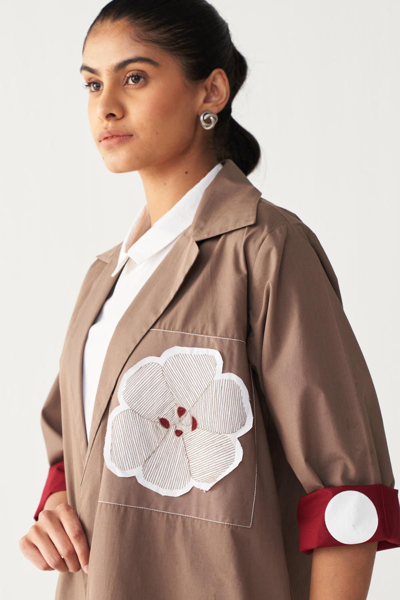 FLORAL APP. PATCH JACKET CO-ORD (SET OF 3)-CEDAR & WHITE poplin by THREE for women in Singapore
