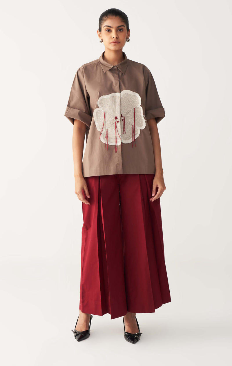 FLORAL FRINGE SHIRT-CEDAR poplin by THREE for women in Singapore