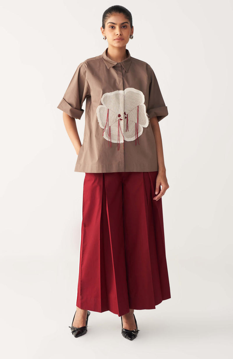FLORAL FRINGE SHIRT-CEDAR poplin by THREE for women in Singapore