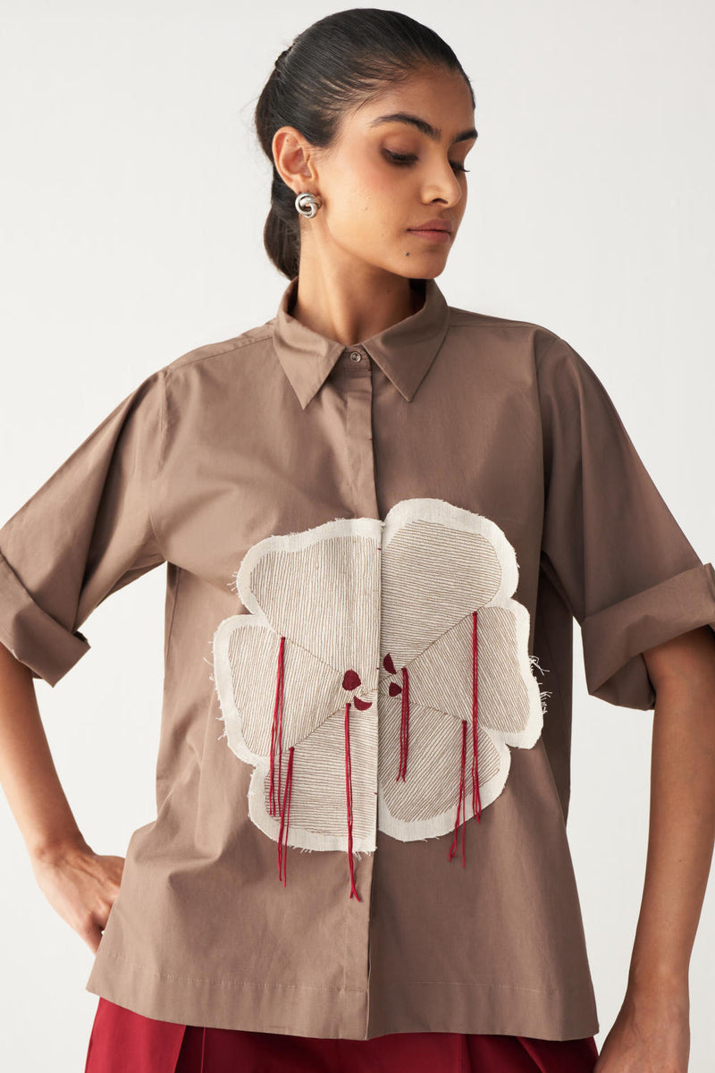 FLORAL FRINGE SHIRT-CEDAR poplin by THREE for women in Singapore