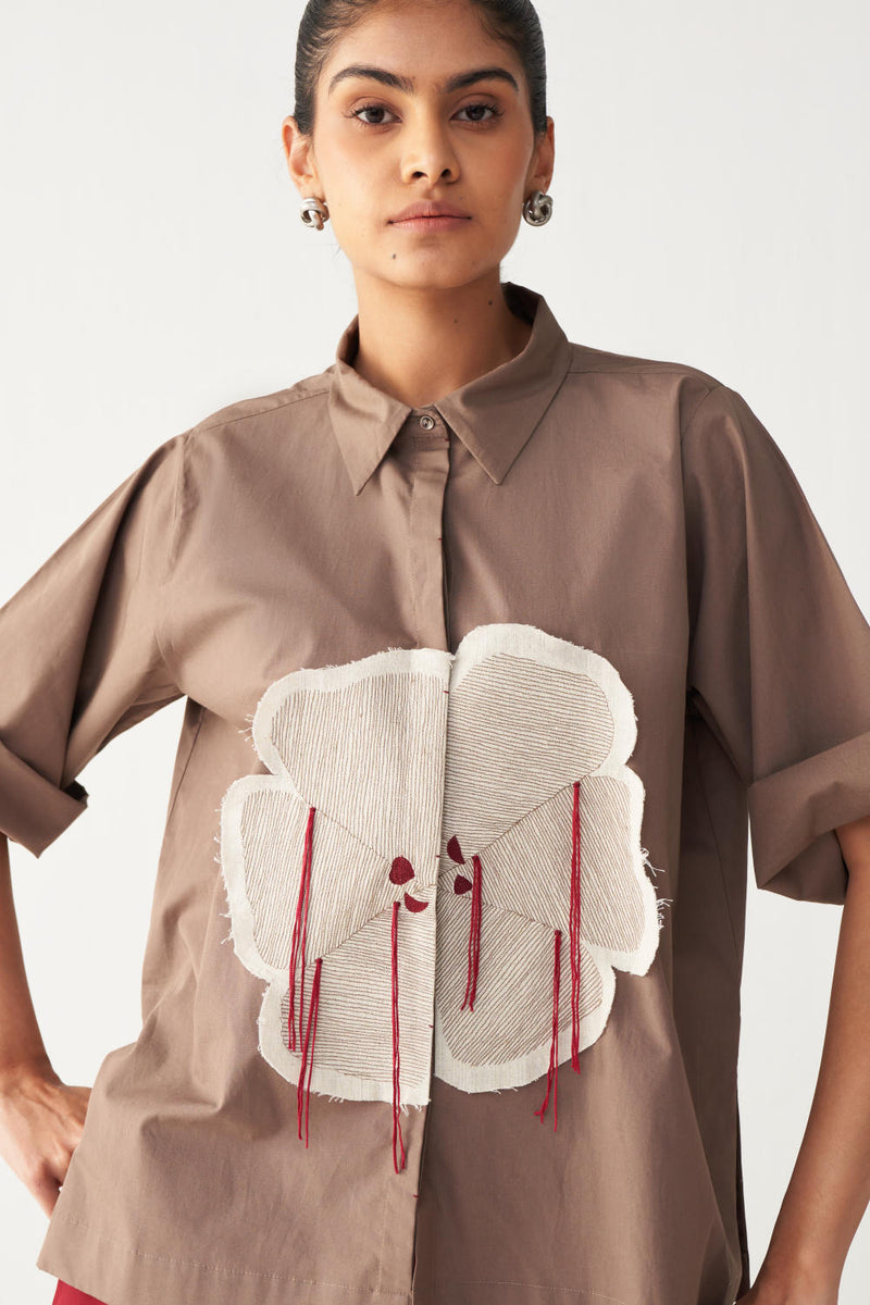 FLORAL FRINGE SHIRT-CEDAR poplin by THREE for women in Singapore
