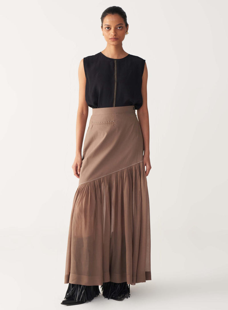 SHEER PANEL SKIRT-CEDAR poplin by THREE for women in Singapore