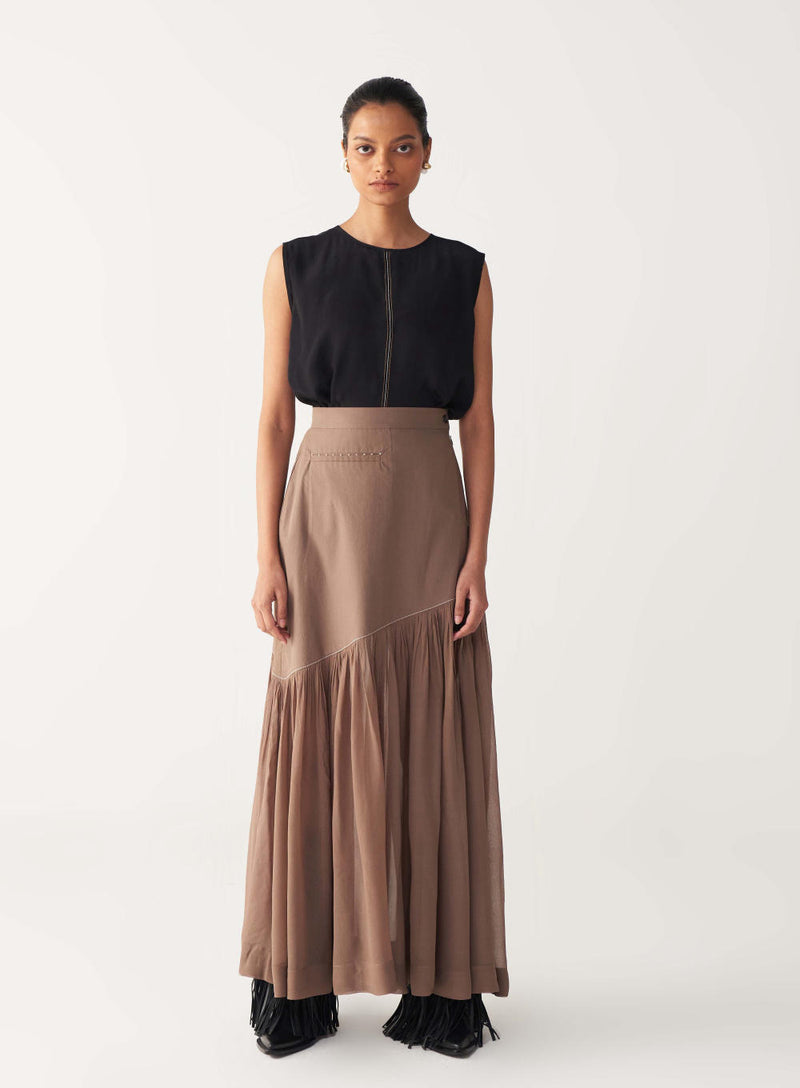 SHEER PANEL SKIRT-CEDAR poplin by THREE for women in Singapore