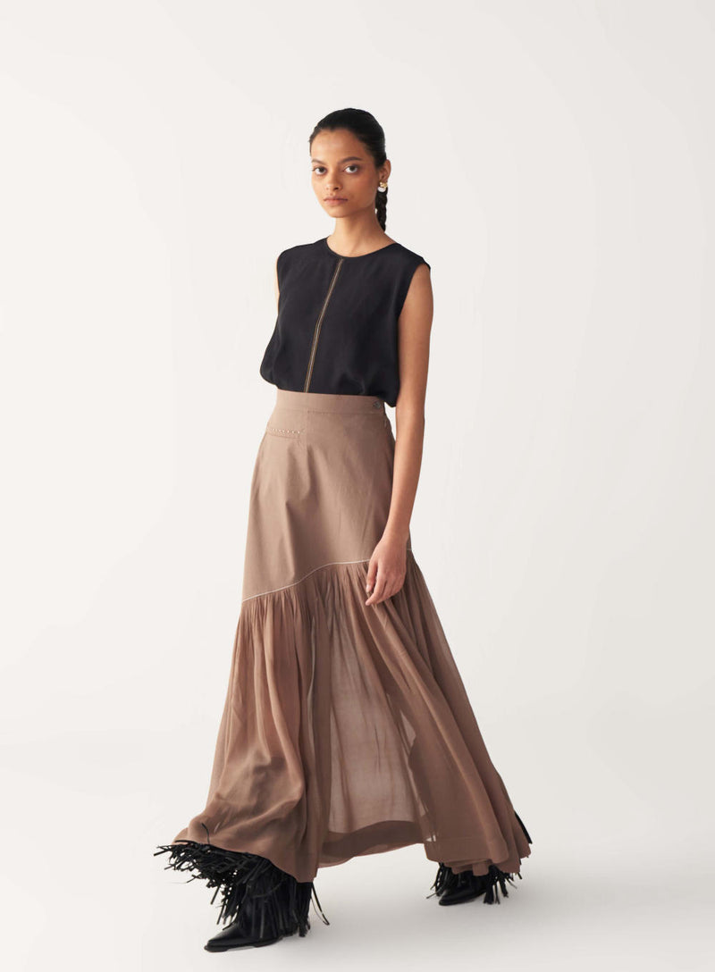 SHEER PANEL SKIRT-CEDAR poplin by THREE for women in Singapore