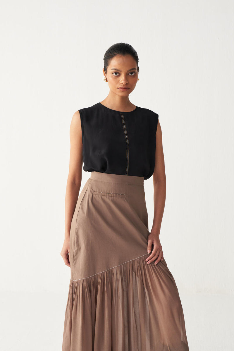 SHEER PANEL SKIRT-CEDAR poplin by THREE for women in Singapore
