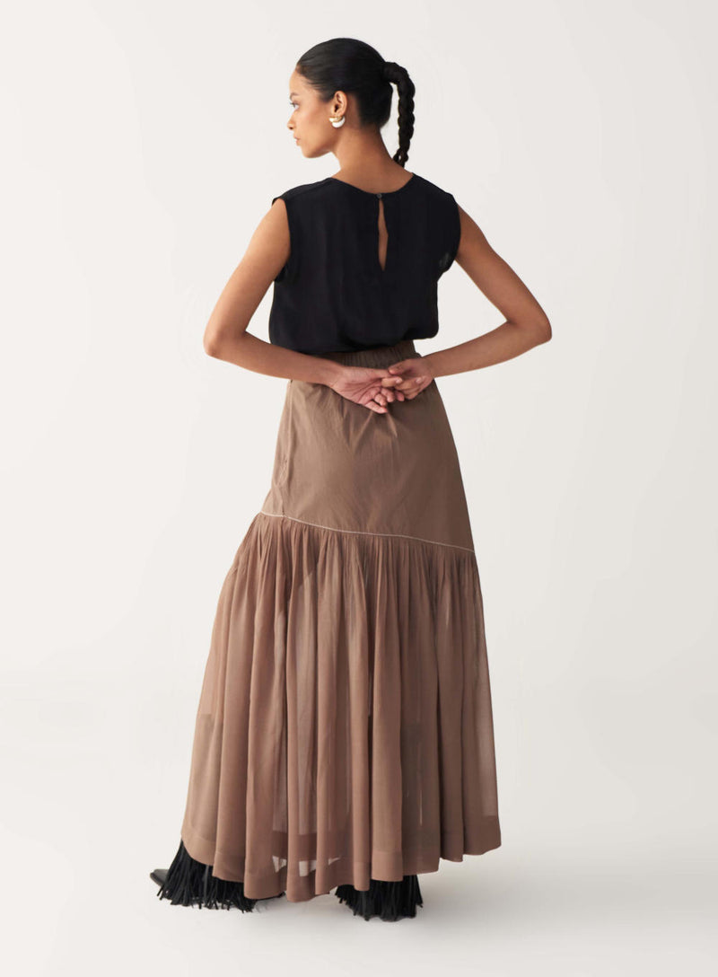 SHEER PANEL SKIRT-CEDAR poplin by THREE for women in Singapore