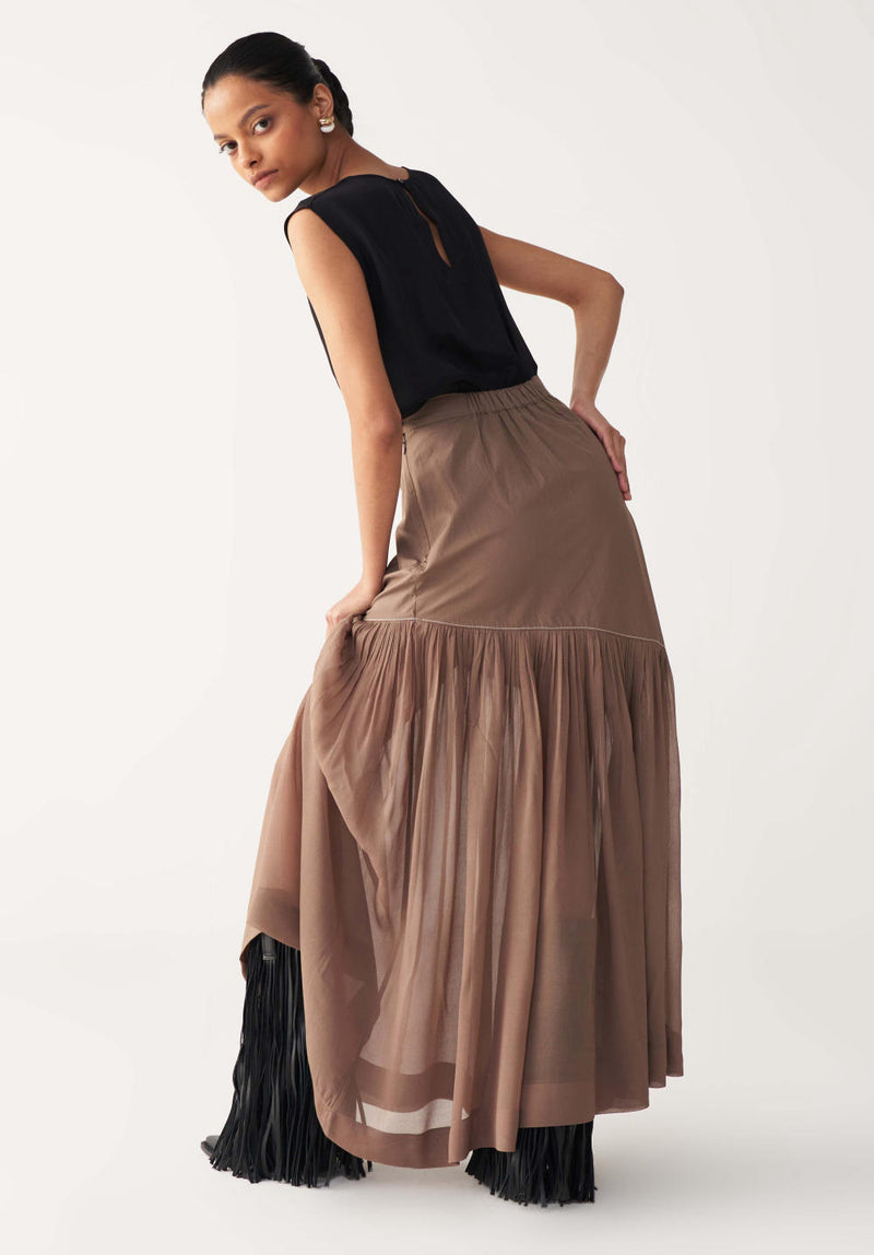 SHEER PANEL SKIRT-CEDAR poplin by THREE for women in Singapore