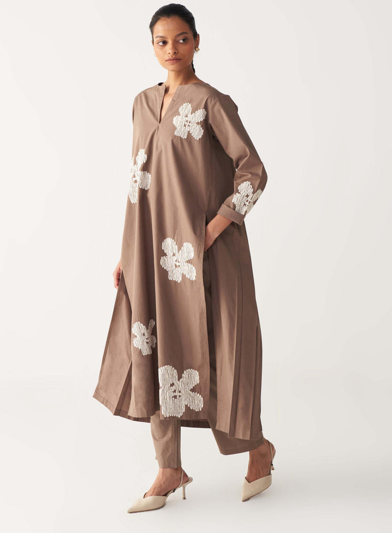 FLORAL EMB. BACK PLEAT TUNIC-CEDAR poplin by THREE for women in Singapore