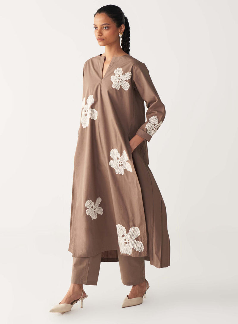 FLORAL EMB. BACK PLEAT TUNIC-CEDAR poplin by THREE for women in Singapore