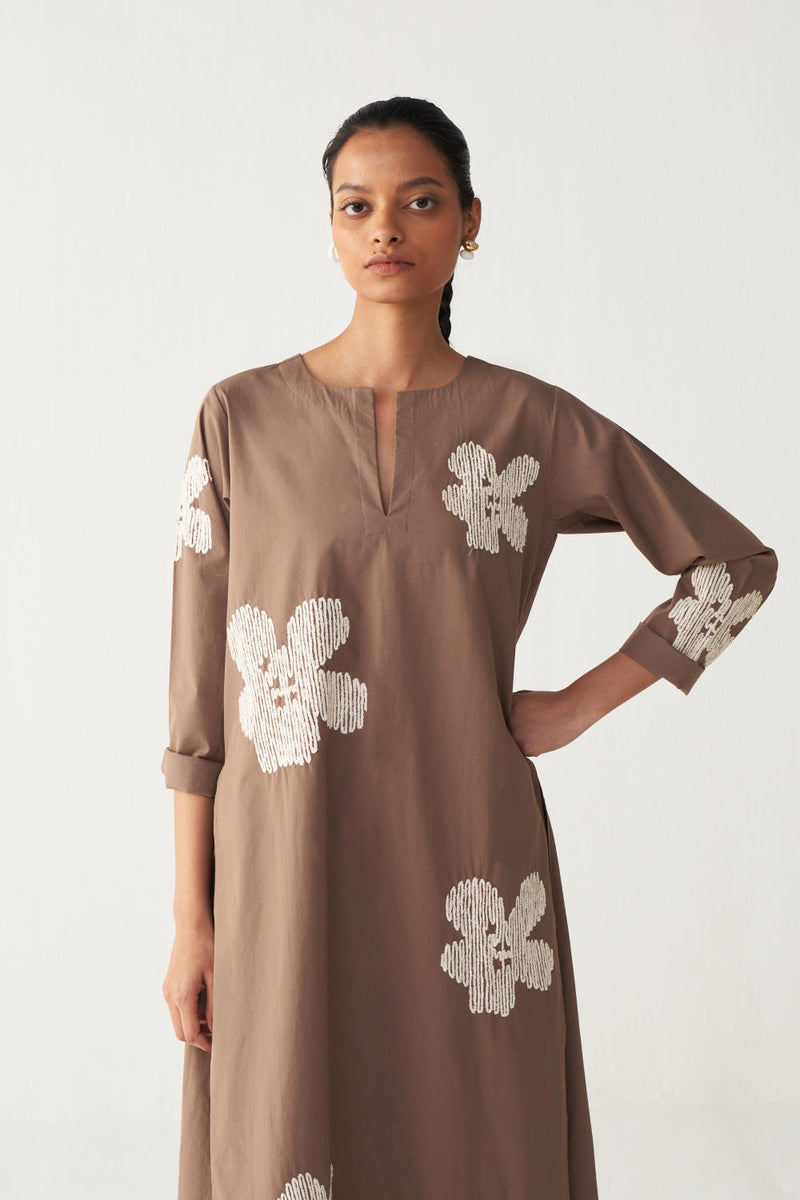 FLORAL EMB. BACK PLEAT TUNIC-CEDAR poplin by THREE for women in Singapore