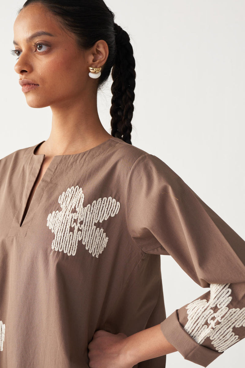 FLORAL EMB. BACK PLEAT TUNIC-CEDAR poplin by THREE for women in Singapore